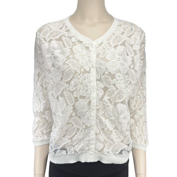 UN JOUR AILLEURS Lace White Boho Blouse Embroided Mesh 3/4 sleeves sz 2 / M - Picture 1 of 9